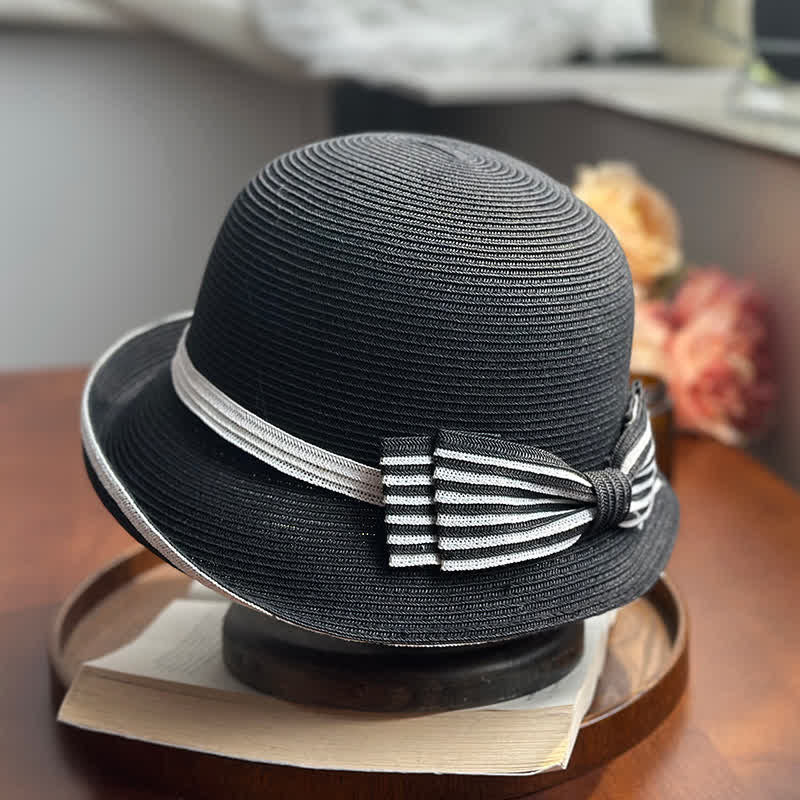 Cappello da spiaggia in paglia con fiocco a righe da donna - Nero - Regolabile (22"-22 7/8") - image 2