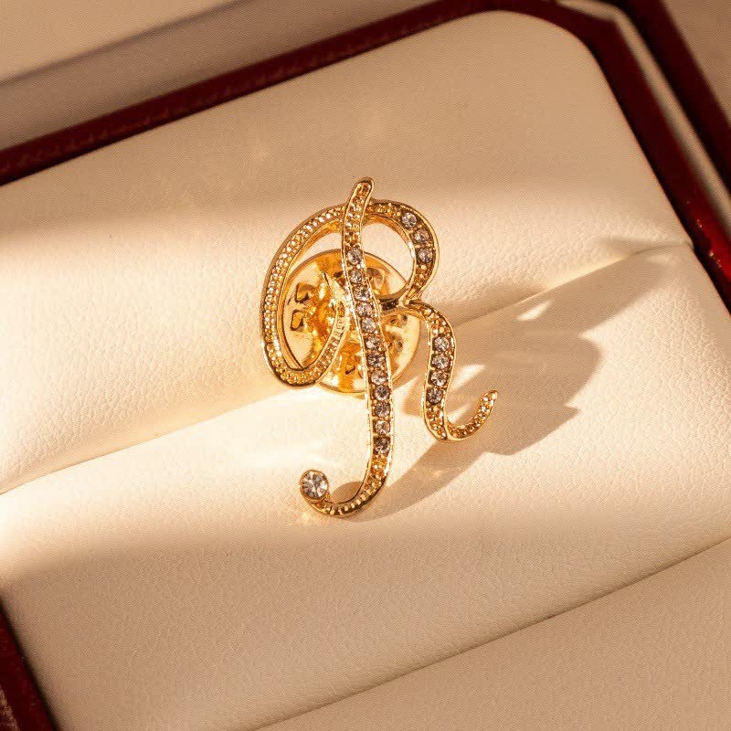 Spilla con lettera iniziale in oro 26 dell'alfabeto con strass - R - image 18