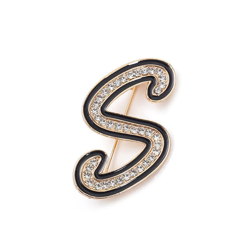 Spilla con lettera iniziale smaltata nera e strass, alfabeto 26