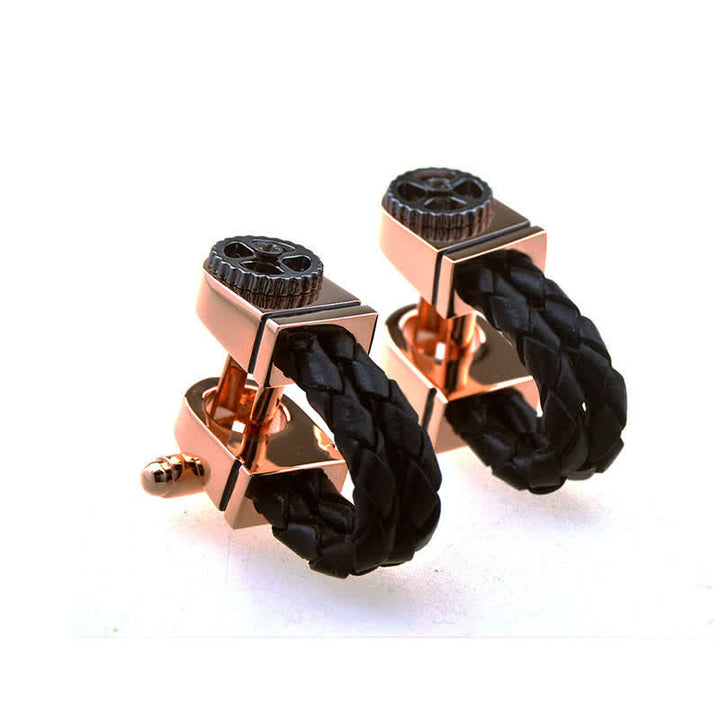 Gemelli da uomo in pelle intrecciata con motivo a ingranaggi in oro rosa, 1 paio - image 1