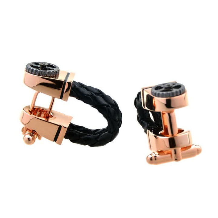 Gemelli da uomo in pelle intrecciata con motivo a ingranaggi in oro rosa, 1 paio - Nero - image 0