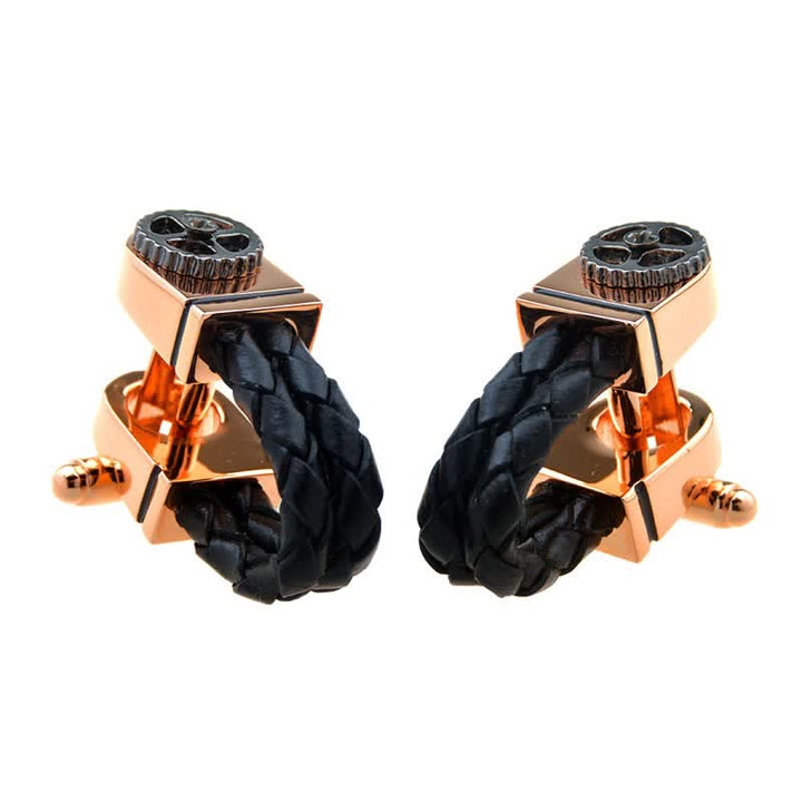 Gemelli da uomo in pelle intrecciata con motivo a ingranaggi in oro rosa, 1 paio - image 3