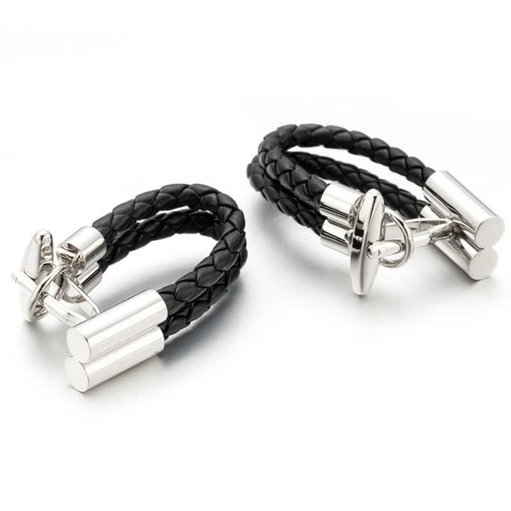 Gemelli da uomo in pelle intrecciata con bottone lavorato a maglia nero, 1 paio - Nero - image 0