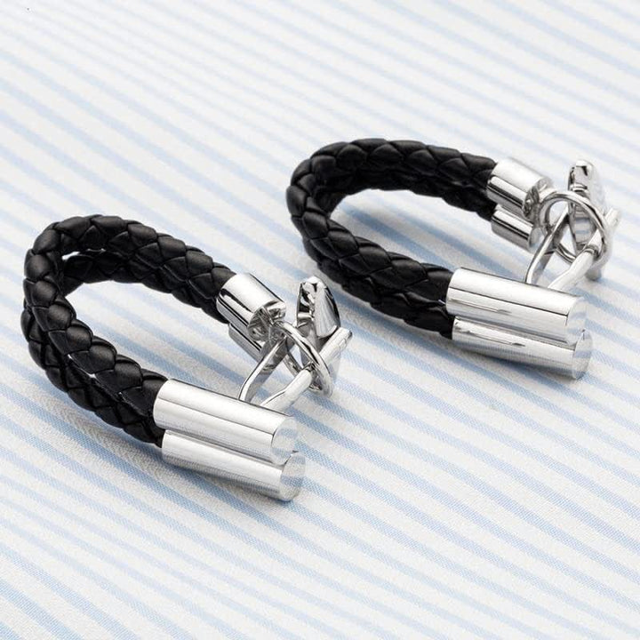 Gemelli da uomo in pelle intrecciata con bottone lavorato a maglia nero, 1 paio - image 1