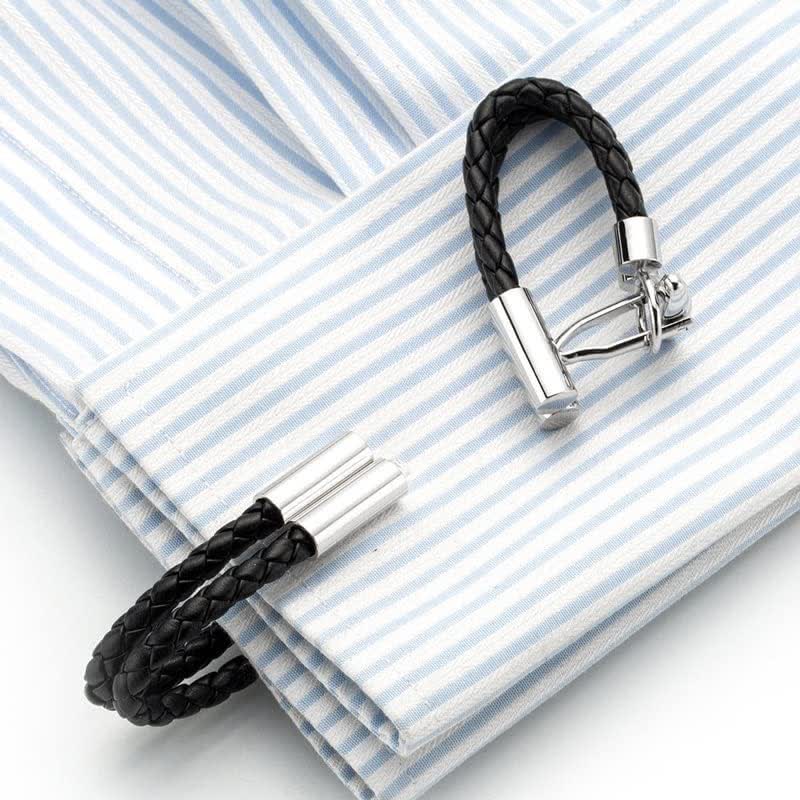 Gemelli da uomo in pelle intrecciata con bottone lavorato a maglia nero, 1 paio - image 2