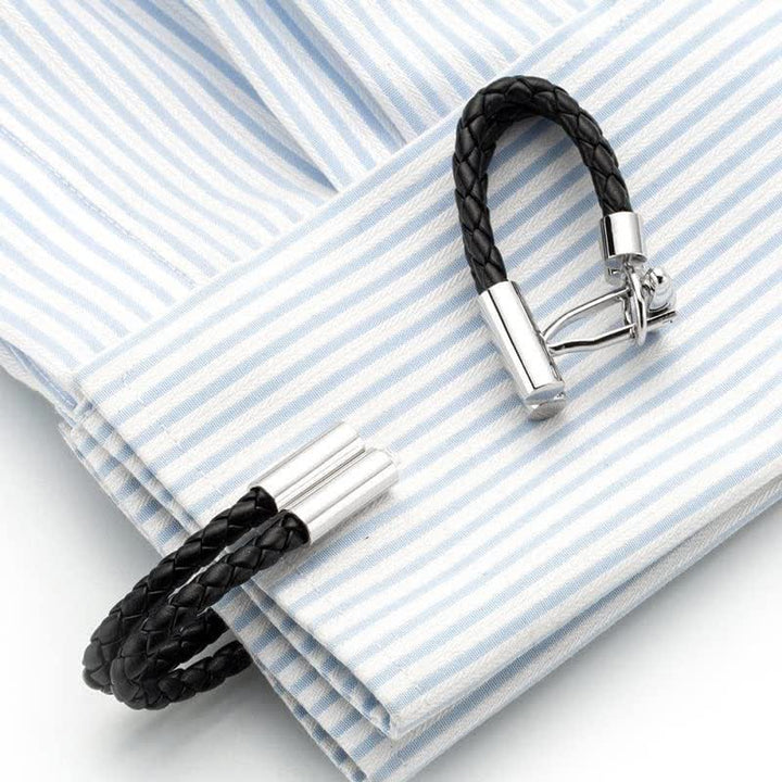 Gemelli da uomo in pelle intrecciata con bottone lavorato a maglia nero, 1 paio - image 2