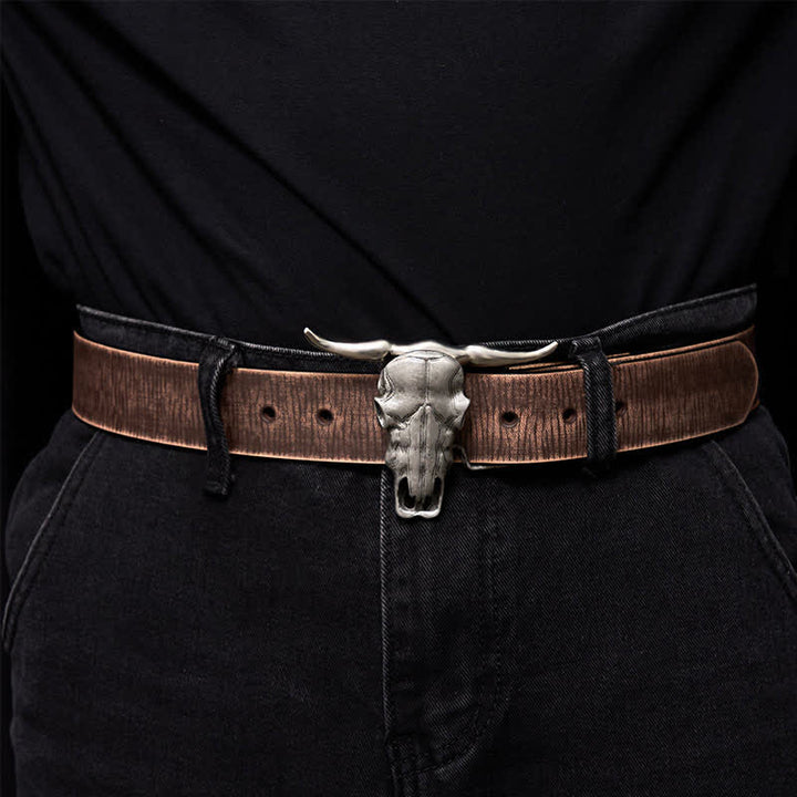 Cintura in pelle con fibbia argentata e coltello nascosto fai da te con testa di Longhorn unica