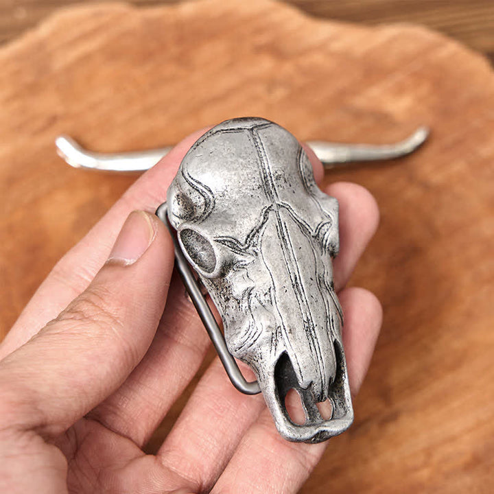 Cintura in pelle con fibbia argentata e coltello nascosto fai da te con testa di Longhorn unica