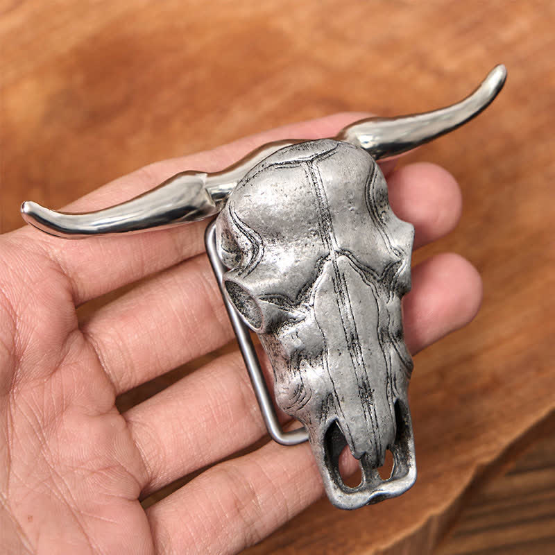 Cintura in pelle con fibbia argentata e coltello nascosto fai da te con testa di Longhorn unica