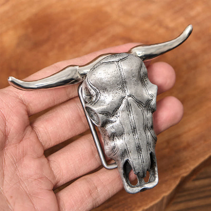 Cintura in pelle con fibbia argentata e coltello nascosto fai da te con testa di Longhorn unica
