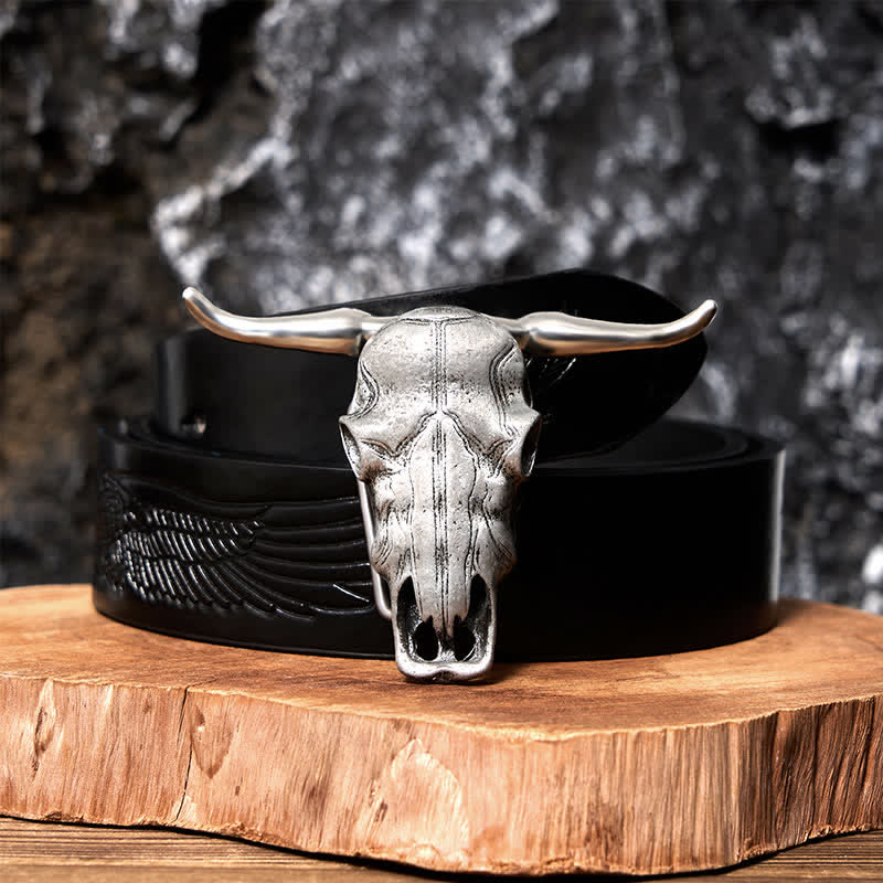 Cintura in pelle con fibbia argentata e coltello nascosto fai da te con testa di Longhorn unica