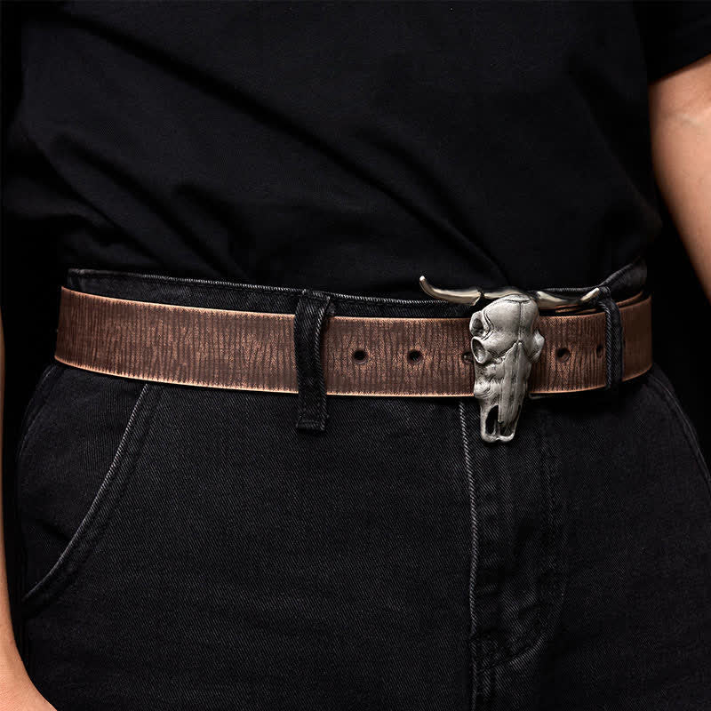 Cintura in pelle con fibbia argentata e coltello nascosto fai da te con testa di Longhorn unica
