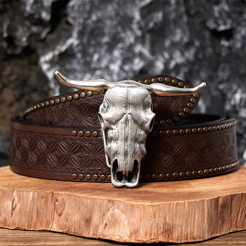 Cintura in pelle con fibbia argentata e coltello nascosto fai da te con testa di Longhorn unica