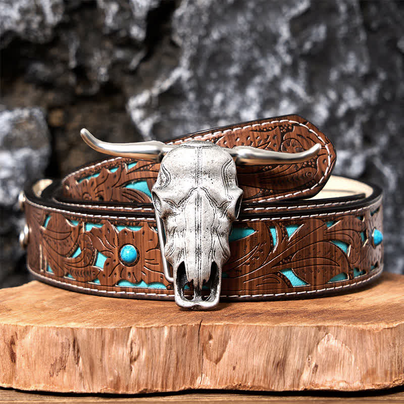 Cintura in pelle con fibbia argentata e coltello nascosto fai da te con testa di Longhorn unica