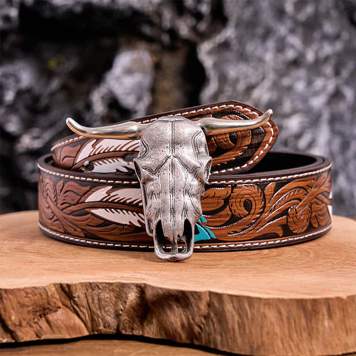 Cintura in pelle con fibbia argentata e coltello nascosto fai da te con testa di Longhorn unica