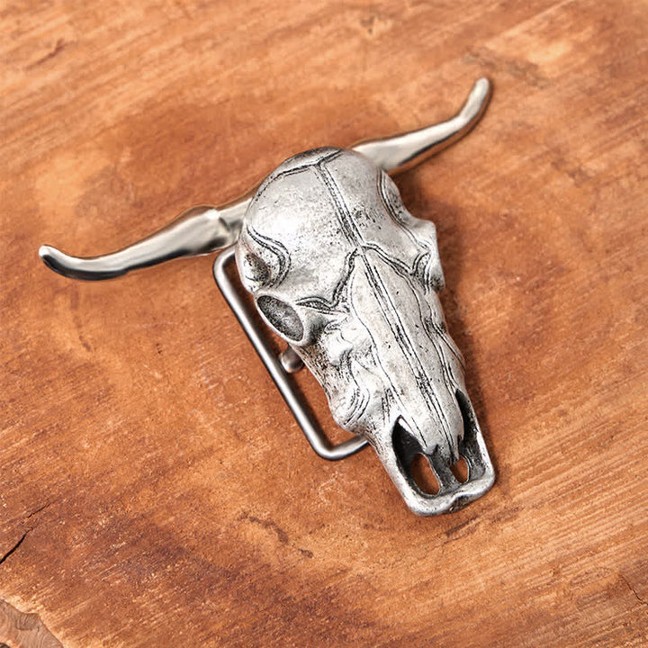 Cintura in pelle con fibbia argentata e coltello nascosto fai da te con testa di Longhorn unica