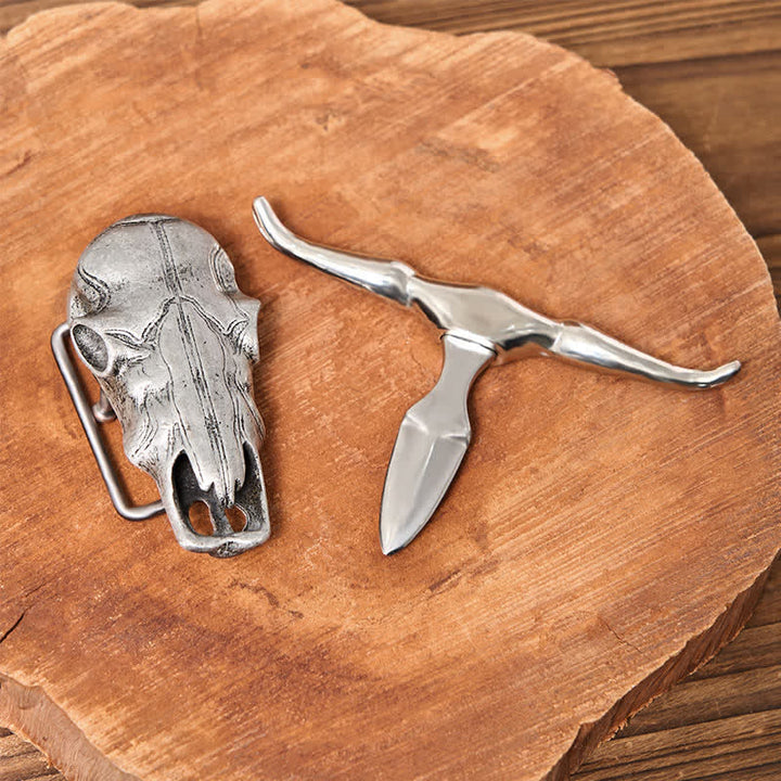 Cintura in pelle con fibbia argentata e coltello nascosto fai da te con testa di Longhorn unica
