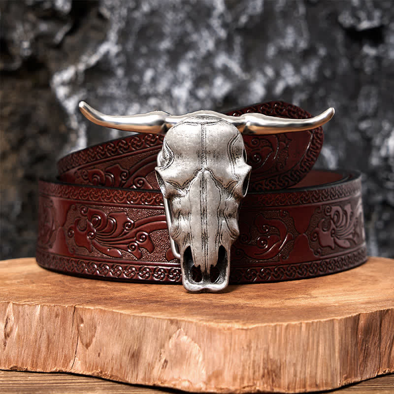 Cintura in pelle con fibbia argentata e coltello nascosto fai da te con testa di Longhorn unica