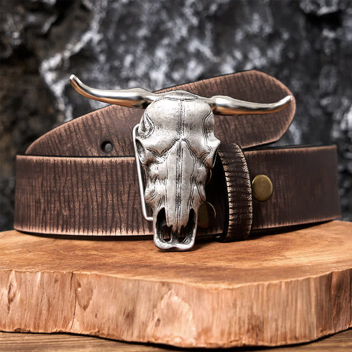 Cintura in pelle con fibbia argentata e coltello nascosto fai da te con testa di Longhorn unica
