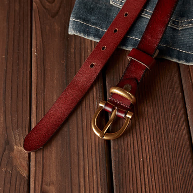 Cintura da donna in vera pelle con fibbia stretta in ottone, fatta a mano