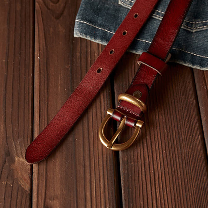 Cintura da donna in vera pelle con fibbia stretta in ottone, fatta a mano