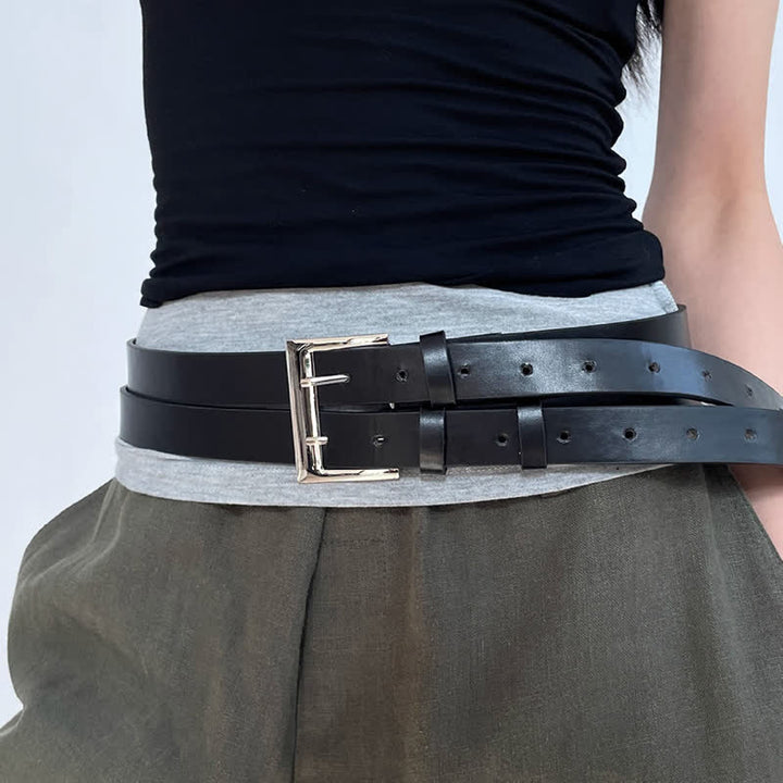 Cintura da donna in pelle nera con doppio cinturino e doppio ardiglione