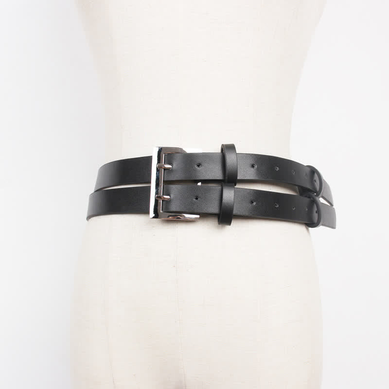 Cintura da donna in pelle nera con doppio cinturino e doppio ardiglione - image 3