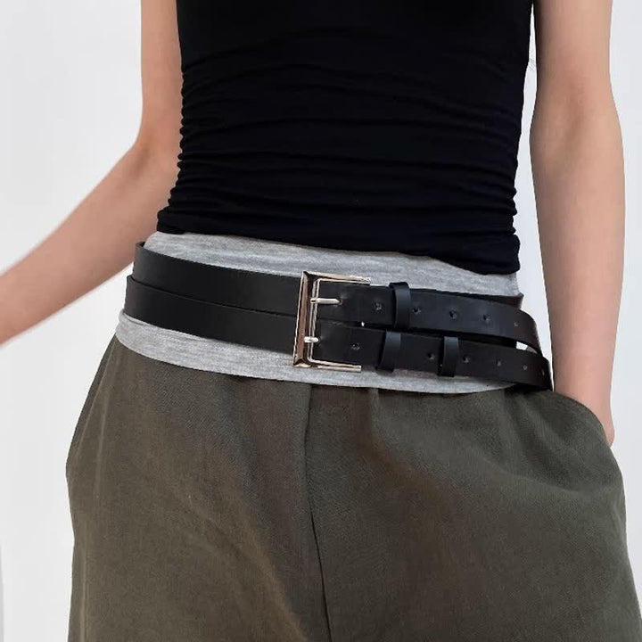 Cintura da donna in pelle nera con doppio cinturino e doppio ardiglione - image 7