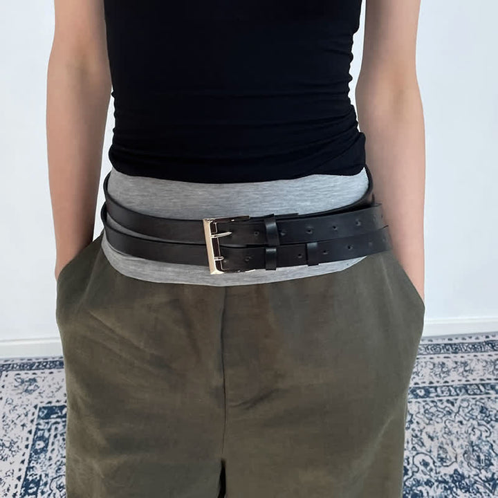 Cintura da donna in pelle nera con doppio cinturino e doppio ardiglione