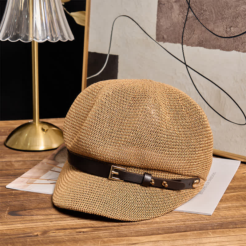 Cappello da spiaggia in paglia con decorazione in pelle intrecciata da donna