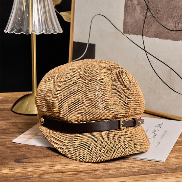 Cappello da spiaggia in paglia con decorazione in pelle intrecciata da donna