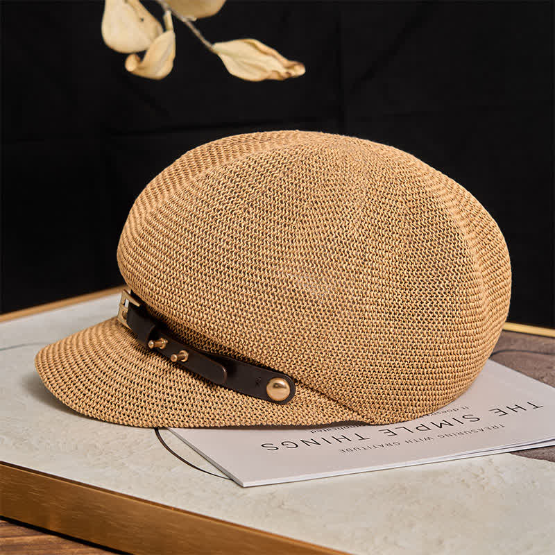 Cappello da spiaggia in paglia con decorazione in pelle intrecciata da donna