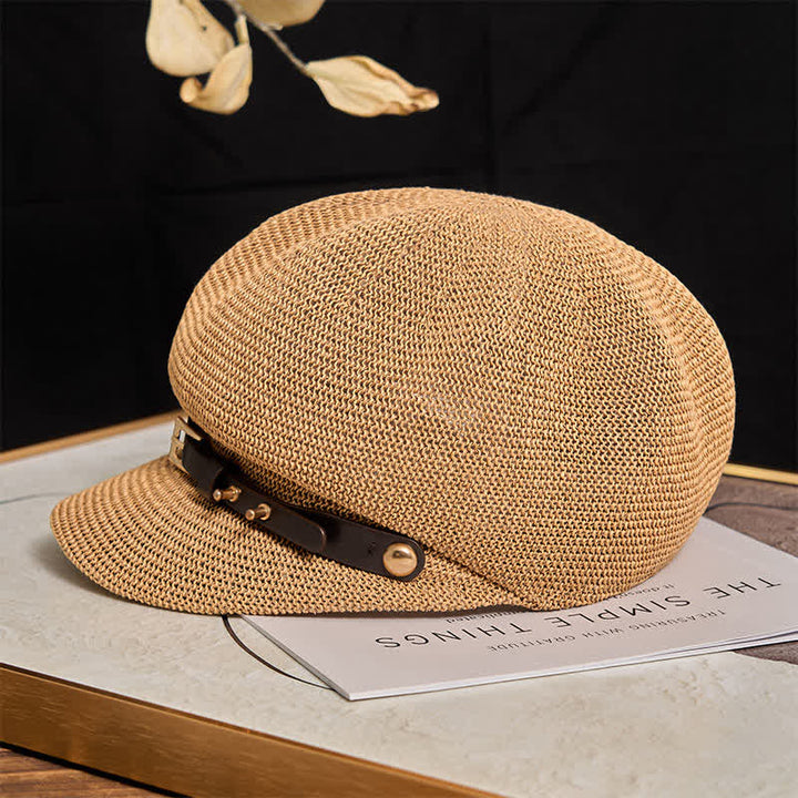 Cappello da spiaggia in paglia con decorazione in pelle intrecciata da donna