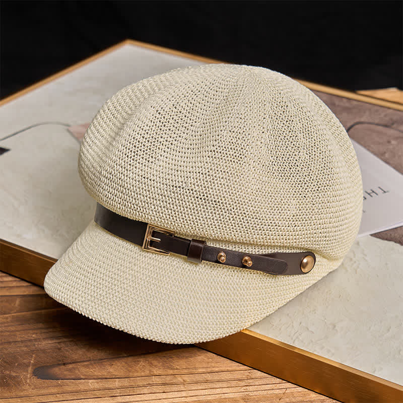 Cappello da spiaggia in paglia con decorazione in pelle intrecciata da donna