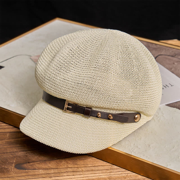 Cappello da spiaggia in paglia con decorazione in pelle intrecciata da donna