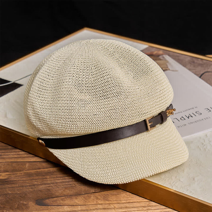 Cappello da spiaggia in paglia con decorazione in pelle intrecciata da donna