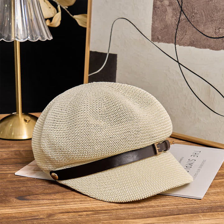 Cappello da spiaggia in paglia con decorazione in pelle intrecciata da donna