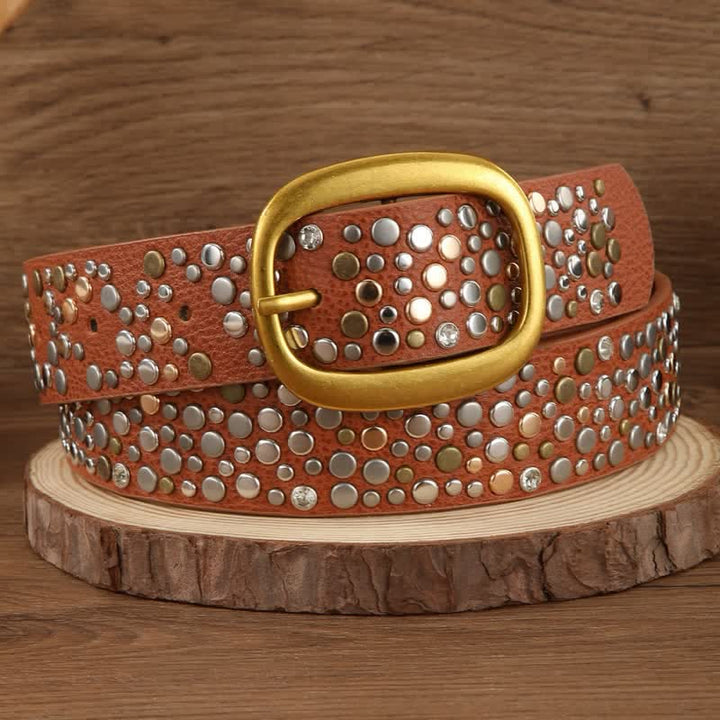 Cintura in pelle con rivetti rotondi asimmetrici punk marrone argento