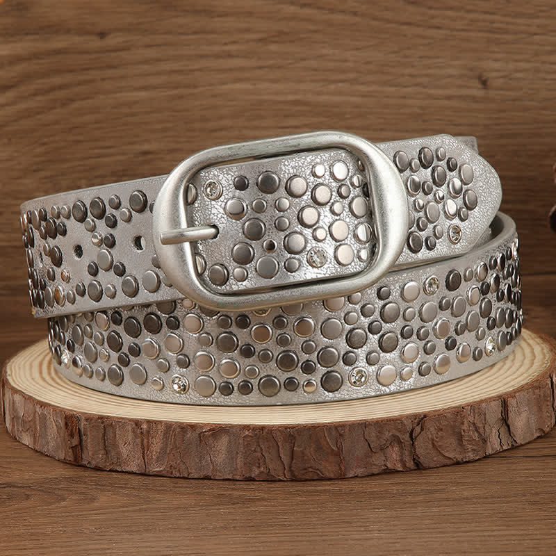 Cintura in pelle con rivetti rotondi asimmetrici punk marrone argento