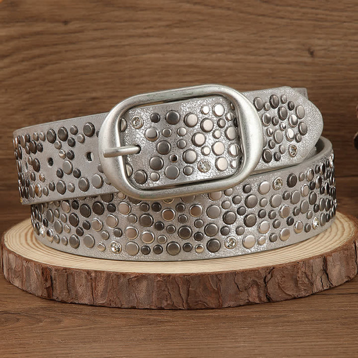 Cintura in pelle con rivetti rotondi asimmetrici punk marrone argento