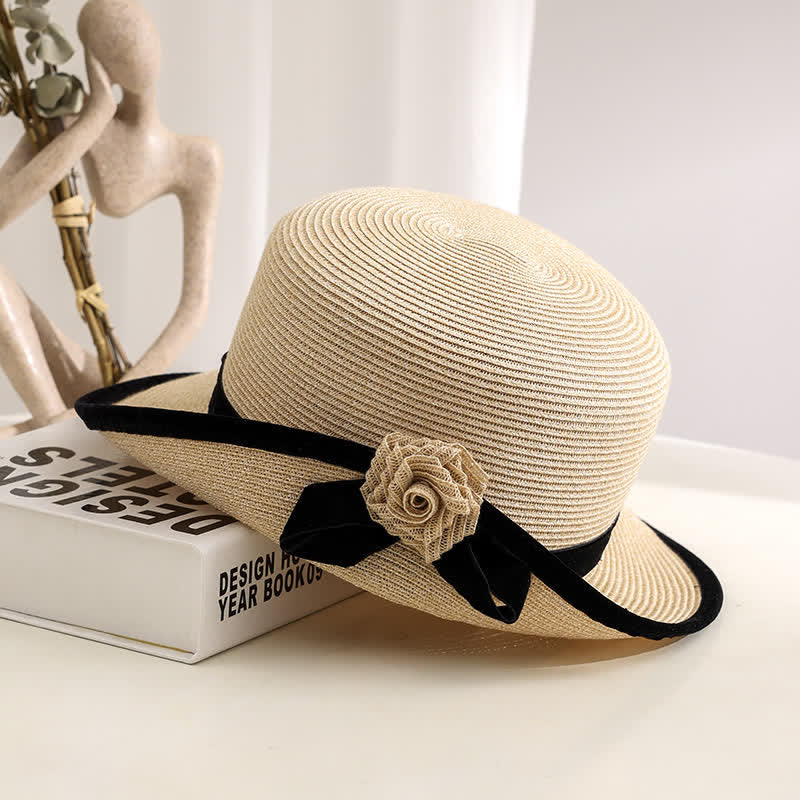 Cappello di paglia pieghevole elegante bicolore floreale da donna