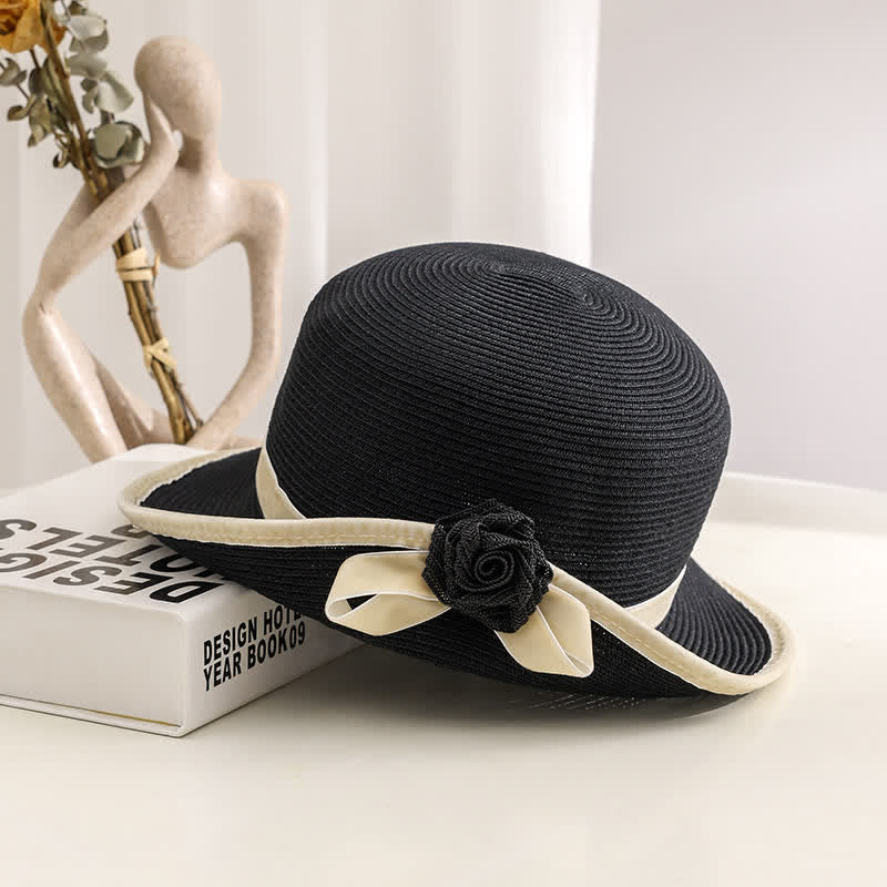 Cappello di paglia pieghevole elegante bicolore floreale da donna - Nero - Regolabile (20 7/8"-22 1/2") - image 4