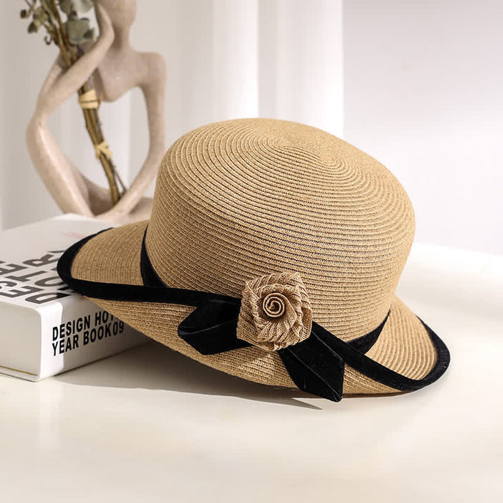 Cappello di paglia pieghevole elegante bicolore floreale da donna