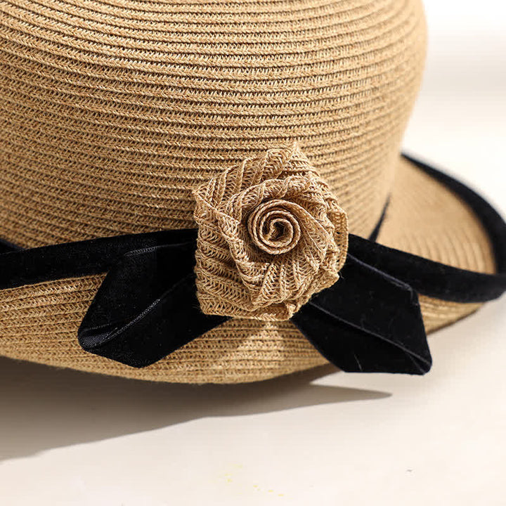 Cappello di paglia pieghevole elegante bicolore floreale da donna
