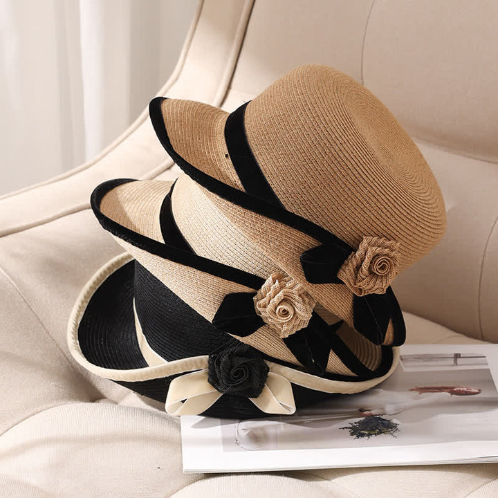 Cappello di paglia pieghevole elegante bicolore floreale da donna