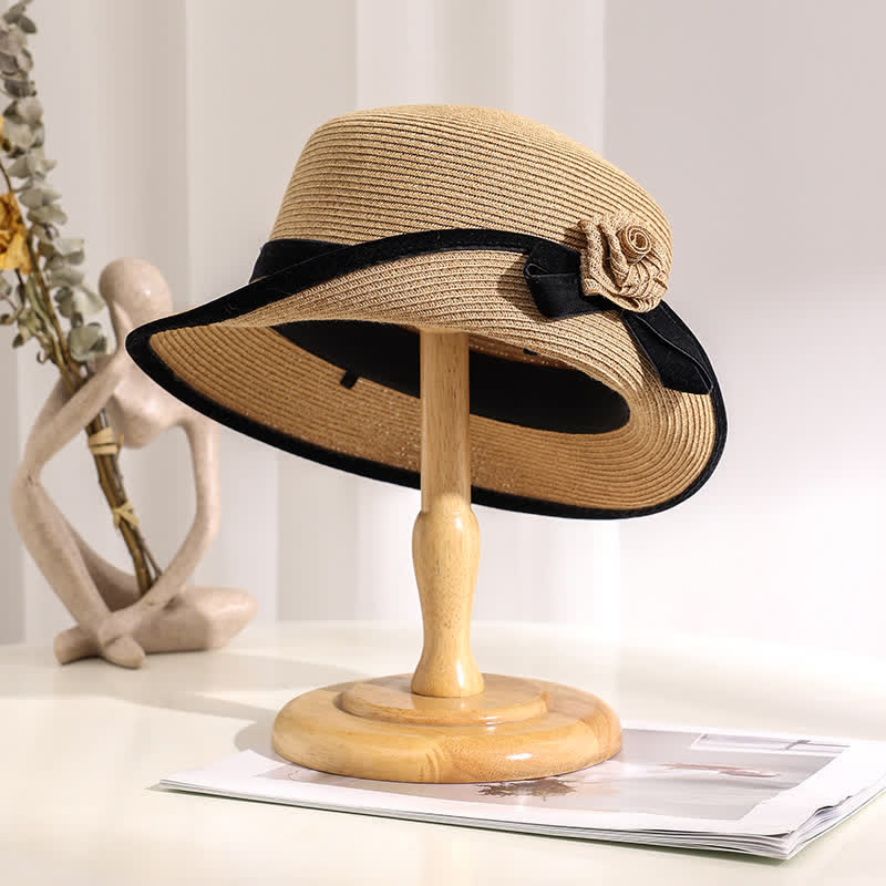 Cappello di paglia pieghevole elegante bicolore floreale da donna