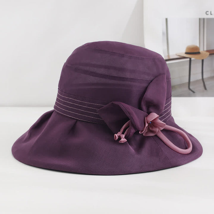 Cappello estivo da donna in vera seta con fiori decorativi larghi - Viola scuro - Regolabile (20 7/8"-22 1/2") - image 13