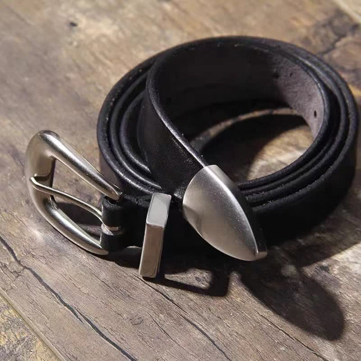 Cintura da donna in pelle nera con fibbia semplice in argento e cinturino sottile