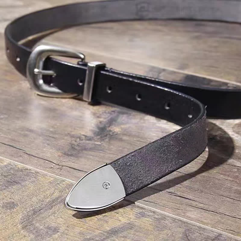 Cintura da donna in pelle nera con fibbia semplice in argento e cinturino sottile