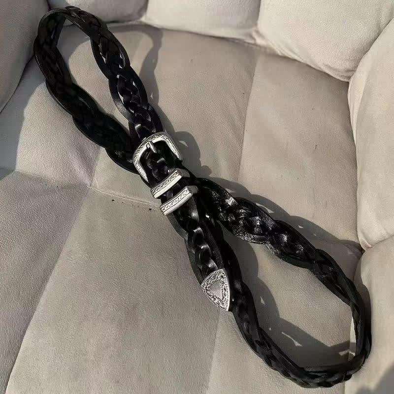 Cintura in pelle con fibbia argentata intagliata e intrecciata alla moda - Nero - 43,41 pollici / 110 cm - image 0